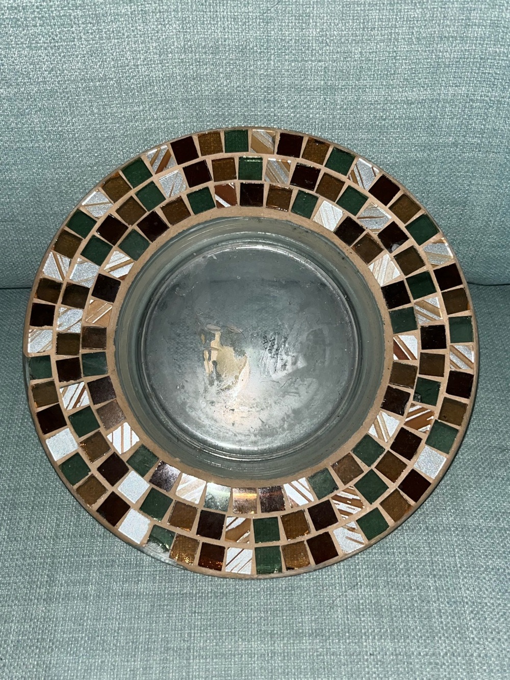 Yankee Candle Glass Mosaic Candle Plate Earth Tones Gold & Green. Plate 7.75"